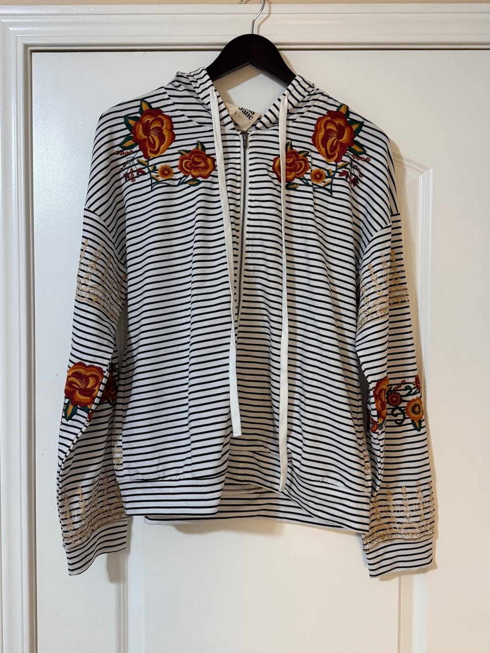Striped Hooded Zip-Up with Embroidered Floral Accents